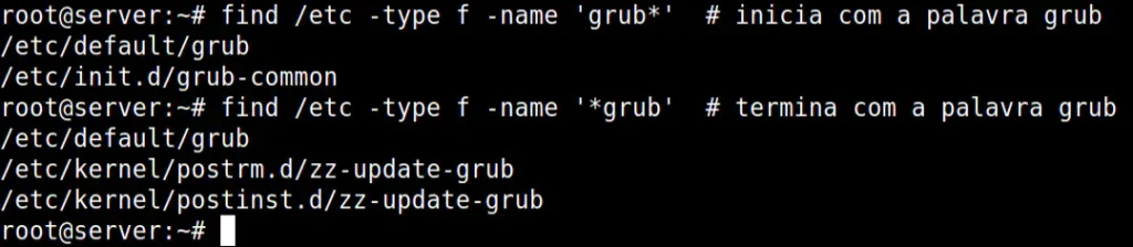 é mostrado dois exemplos de como executar o comando find para buscar somente arquivos que tem a palavra grub no seu nome