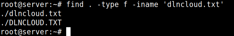 comando find buscando no diretório corrente somente arquivos com a string exata dlncloud.txt, ignorando letras minúsculas e maiúsculas