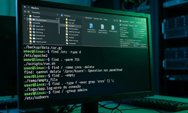 Tela do monitor exibindo terminal linux com vários exemplos de execução do comando find buscando arquivos no sistema