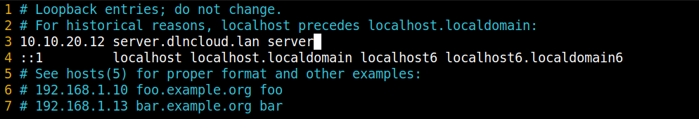 conteúdo do arquivo /etc/hosts já configurado para resolver o fqdn no endereço IP do servidor