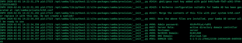 mostra as últimas linhas da saída do comando samba-tool com informações sobre o domínio criado com sucesso, informações como nome do domínio, hostname e SID
