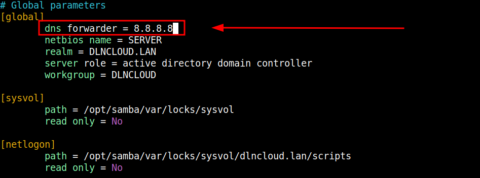 conteúdo do arquivo smb.conf, com a configuração dns forwarder destacada