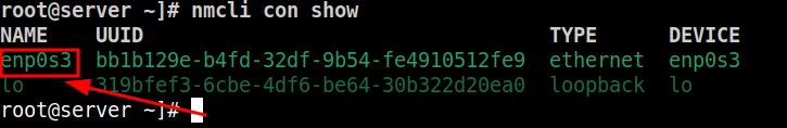 comando nmcli con show executado exibindo as conexões de redes existentes do serviço network manager que gerencia as placas de rede