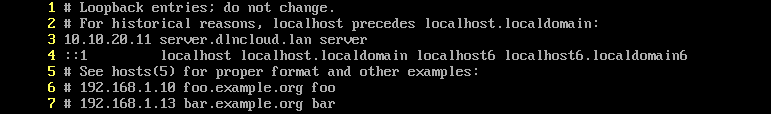 conteúdo do arquivo /etc/hosts já configurado para resolver o fqdn no endereço IP do servidor