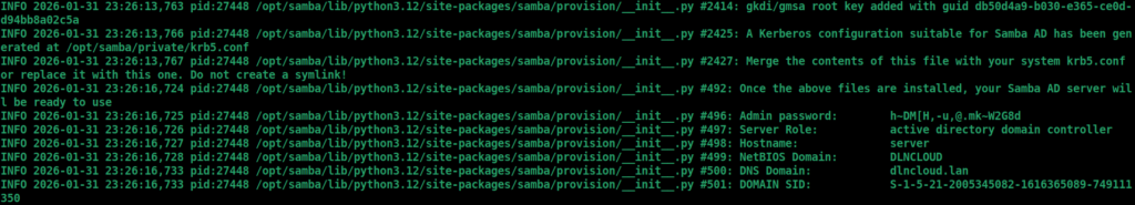 exibe as últimas linhas com informações sobre o domínio criado com sucesso, informações como nome do domínio, hostname e SID