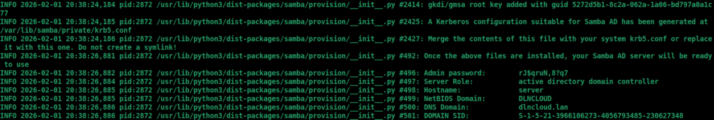 últimas linhas da saída do comando samba-tool, com informações sobre o domínio criado