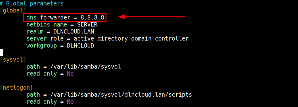 conteúdo do arquivo smb.conf, com a configuração dns forwarder destacada