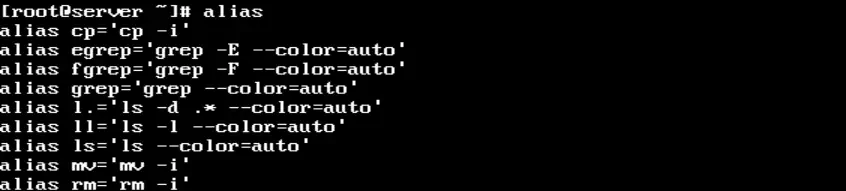 comando alias executado listando os aliases criados e disponíveis na sessão atual do shell bash.