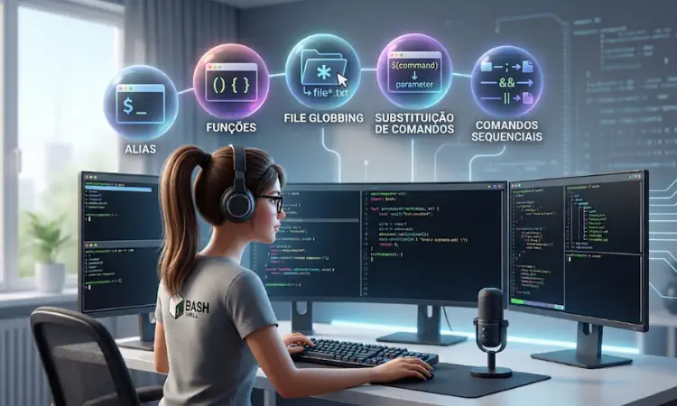 estudante usando computador com linux instalado e acima um globo com identificação visual para cada recurso do shell bash