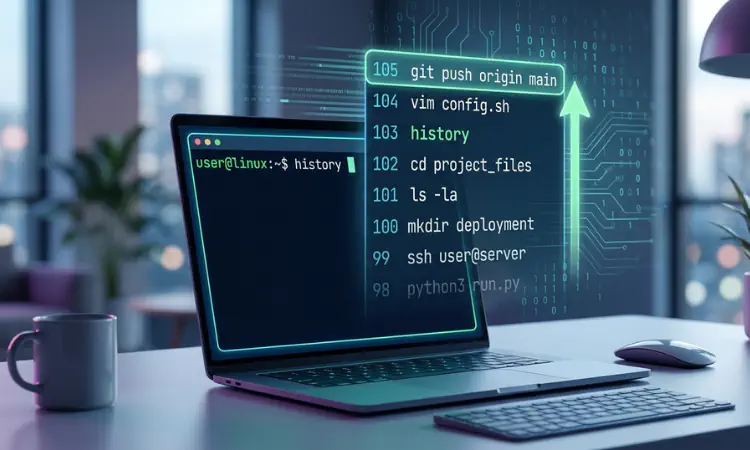 notebook aberto e exibindo na tela o Histórico de comandos do bash