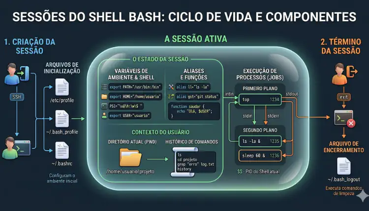 Imagem ilustra sessões do Shell Bash no linux, desde iniciar uma sessão do shell bash até encerrá-la.