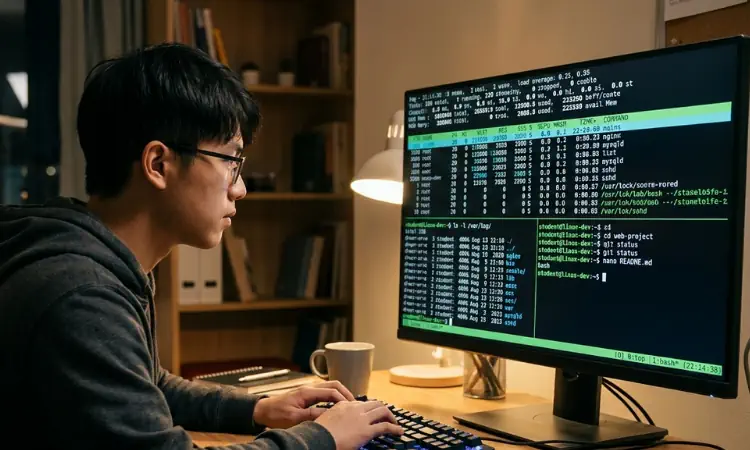 Estudante usando terminal linux do computador