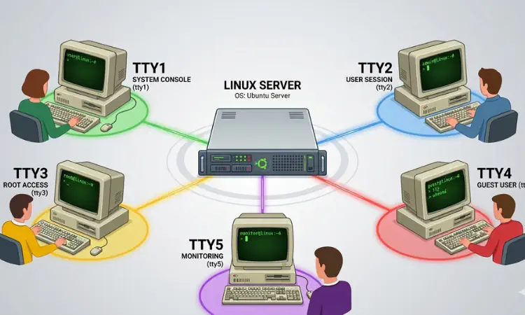 vários usuários acessando e utilizando o sistema linux a partir de consoles virtuais diferentes