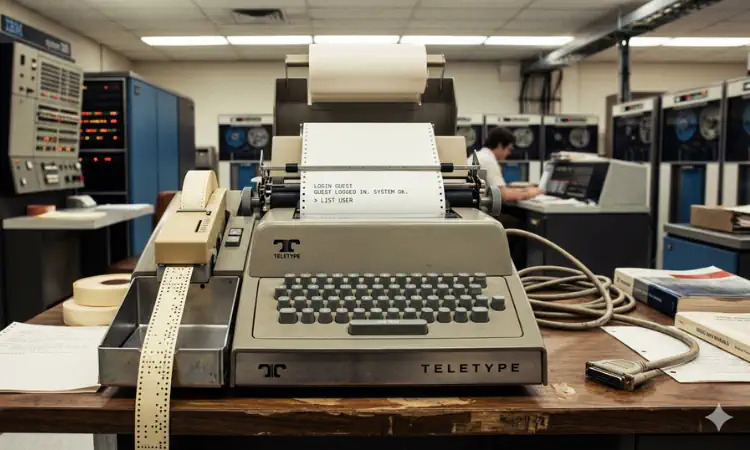 Terminal Teletype(TTY) físico em cima de uma mesa em uma salaque tem mainframes.