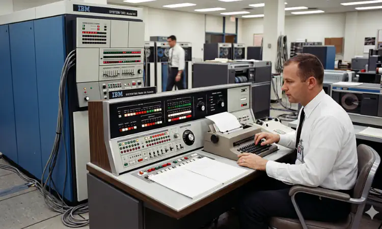 Homem operando um console físico que está conectado a um mainframe