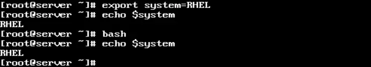 demonstra como criar variáveis de ambiente no linux, usando o shell bash. exportando variável que tem o nome 'system' no shell.