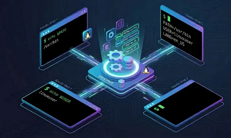 4 terminais linux, cada um mostrando a saída de variáveis de ambiente do linux