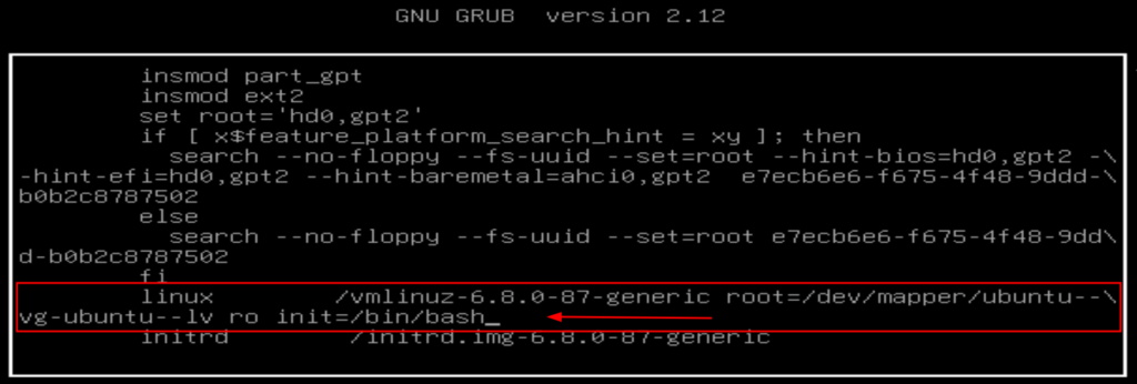 parâmetro adicionado ao kernel linux para o primeiro processo iniciado ser o bash como root e alterar senha do root no linux