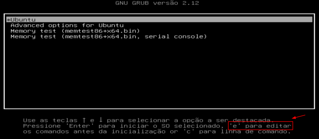 menu grub, com a opção 'e' (editar) destacada.