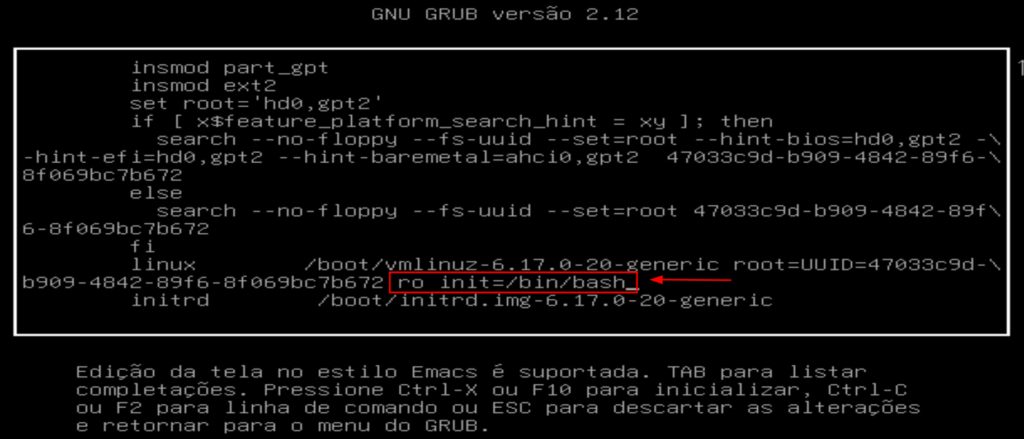 parâmetro ro e init adicionados ao kernel linux para o primeiro processo iniciado ser o bash como root e alterar senha do root no linux