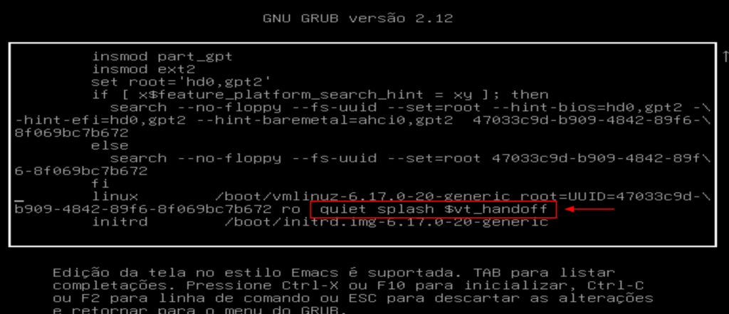destacando parâmetros que devem ser removidos, caso o grub que está usando do ubuntu