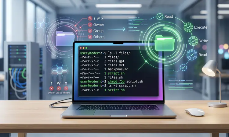 notebook com códigos do comando chmod no linux alterando permissões de arquivos e diretórios