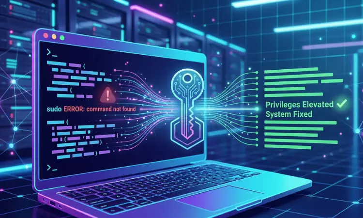 Notebook com linux instalado mostrando código de erro do sudo e em seguida uma mensagem de problema resolvido
