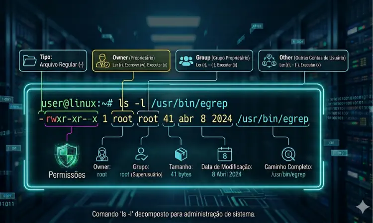 Ilustração da saída do comando 'ls -l /usr/bin/egrep' mostrando e explicando cada campo da saída do comando ls, incluindo as permissões no linux para owner, group e other.