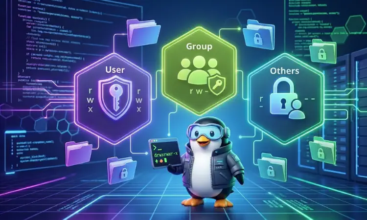 três hexágonos e no centro de cada um imagens representando as permissões no linux para owner, group e ohter