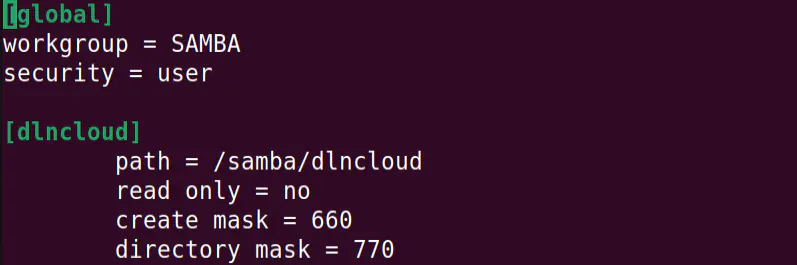 conteúdo do arquivo smb.conf, mostrando a configuração do samba e  como compartilhar arquivos com samba no ubuntu.