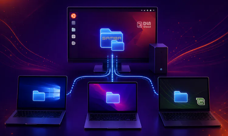 computadores conectados a um compartilhamento de arquivos configurado no ubuntu