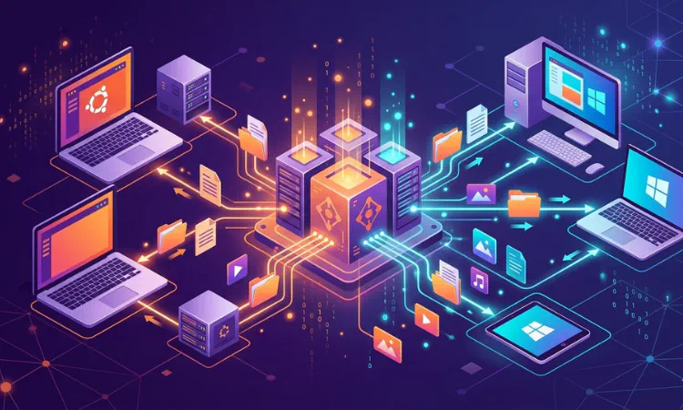 computadores conectados a um compartilhamento de arquivos configurado no ubuntu