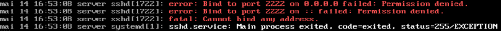 logs do sistema exibindo erro de permissão negada após alterar a porta nas configurações do serviço ssh.