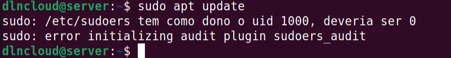 erro ao executar comando sudo: "sudo: /etc/sudoers tem como dono o uid 1000, deveria ser 0".