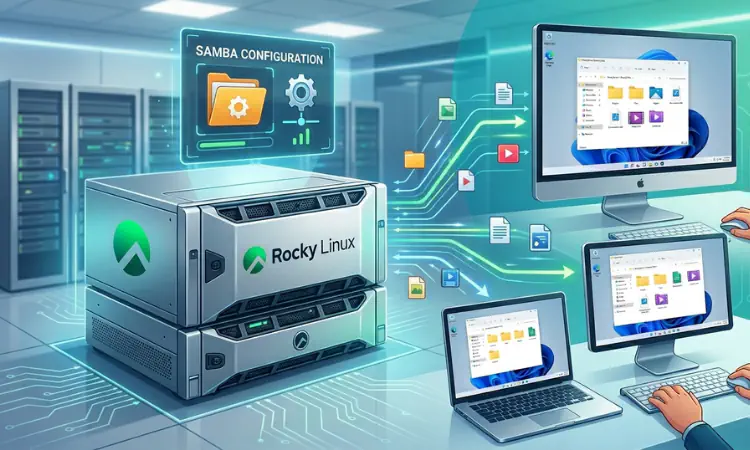 servidor com rocky linux compartilhando arquivos com clientes usando o samba