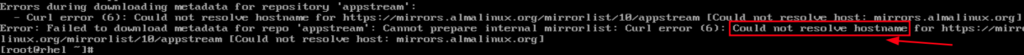 Erro "could not resolve hostname" ao executar o comando dnf, indicando problemas de resolução dns no linux