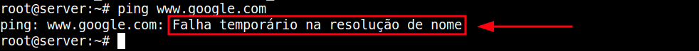 comando ping executado no debian e exibindo na saída o erro "falha temporária na resolução de nome" indicando problemas de resolução dns no linux