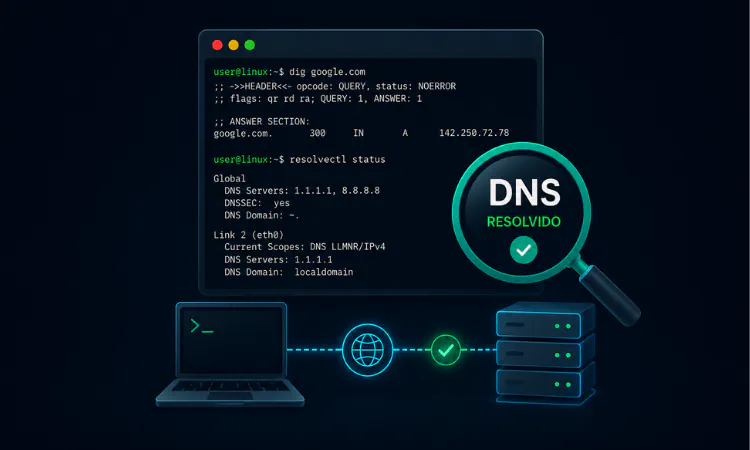 Monitor exibindo terminal lcom comandos para resolver problemas de resolução dns no linux