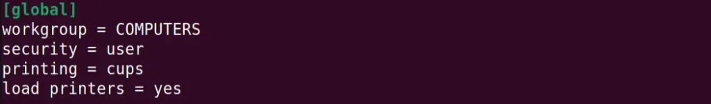 configuração da seção global do arquivo smb.conf par está compartilhando impressoras com samba no ubuntu