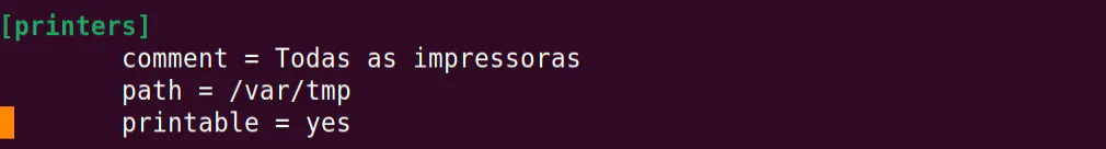 configuração do compartilhamento [printers] para compartilhar impressoras com samba no ubuntu