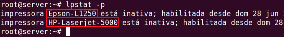 comando lpstat listando impressoras que podem ser compartilhadas usando o samba