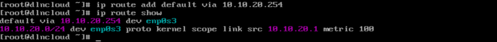 comando ip route add executado adicionando rota padrão para resolver o problema network unreachable
