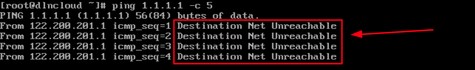 comando ping exibindo erro "Destination Net Unreachable"