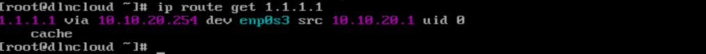 comando ip route get 1.1.1.1 executando mostrado que na saída que existe uma rota para o IP de destino.