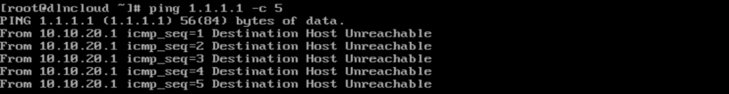 comando ping testando conexão e o erro Destination Host Unreachable é exibido