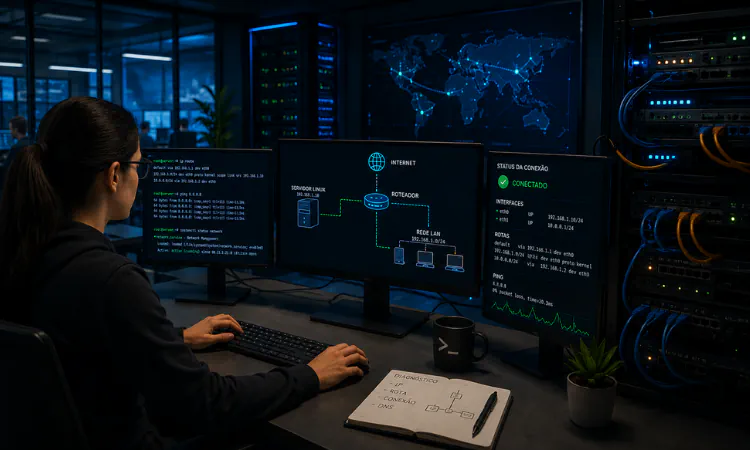 estudante em frente ao computador resolvendo problemas de roteamento no linux.