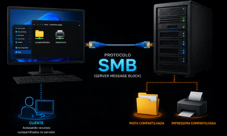 Protocolo SMB Cliente acessando recursos do servidor através da redes de computadores usando o protocolo smb