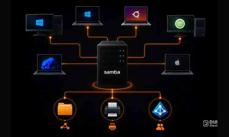computadores clientes acessando servidor samba que está compartilhando recursos e com serviço active directory.