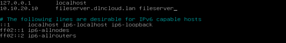 Configuração do arquivos /etc/hosts para o servidor de arquivos samba no debian