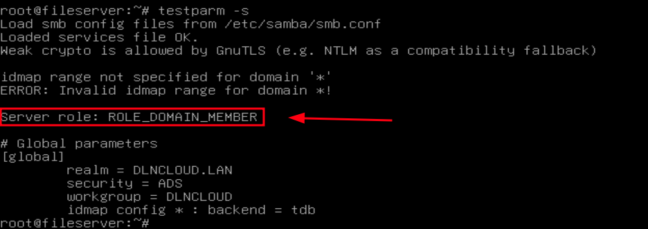 Saída do comando testparm com o resumo da configuração para ingressar no domínio servidor de arquivos samba